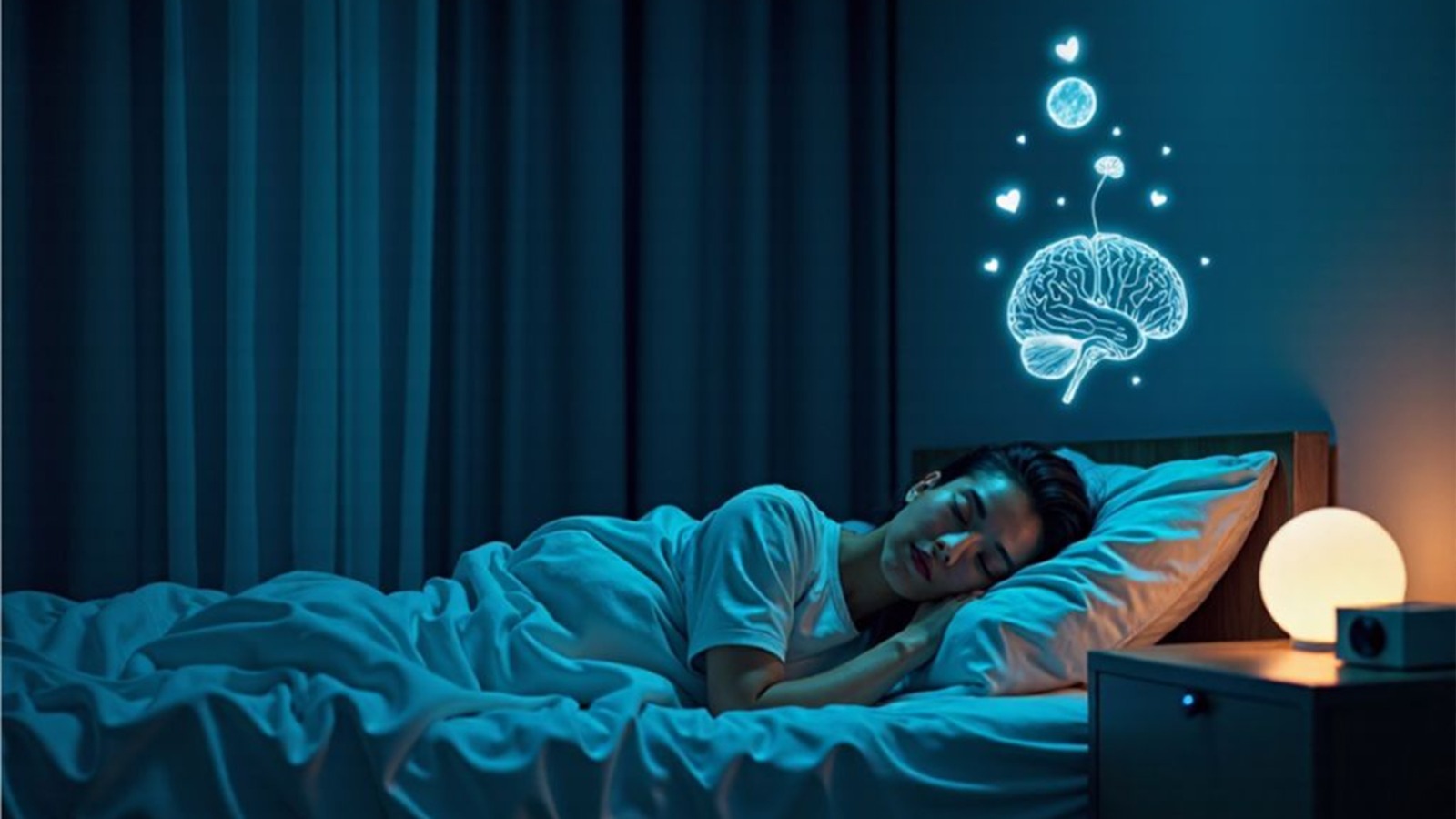 A person peacefully sleeping in a dark, calm bedroom, symbolizing the connection between healthy sleep and better mental health.
