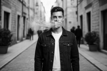 Person standing in a city street with a hand covering their mouth, symbolizing impulsive behavior and emotional control challenges