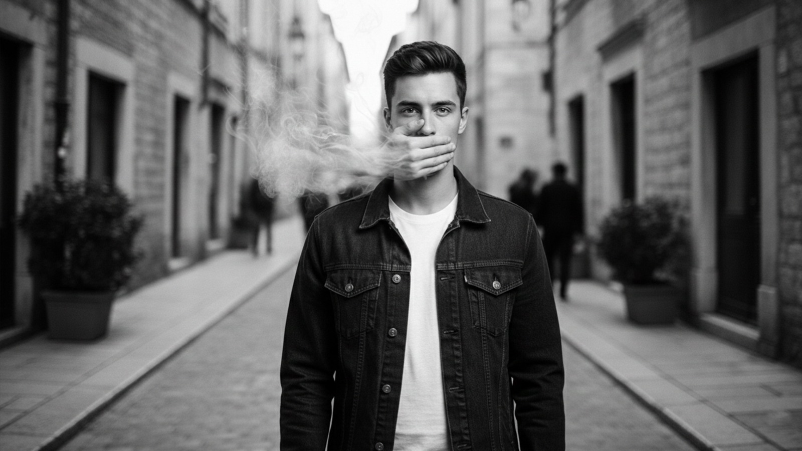 Person standing in a city street with a hand covering their mouth, symbolizing impulsive behavior and emotional control challenges
